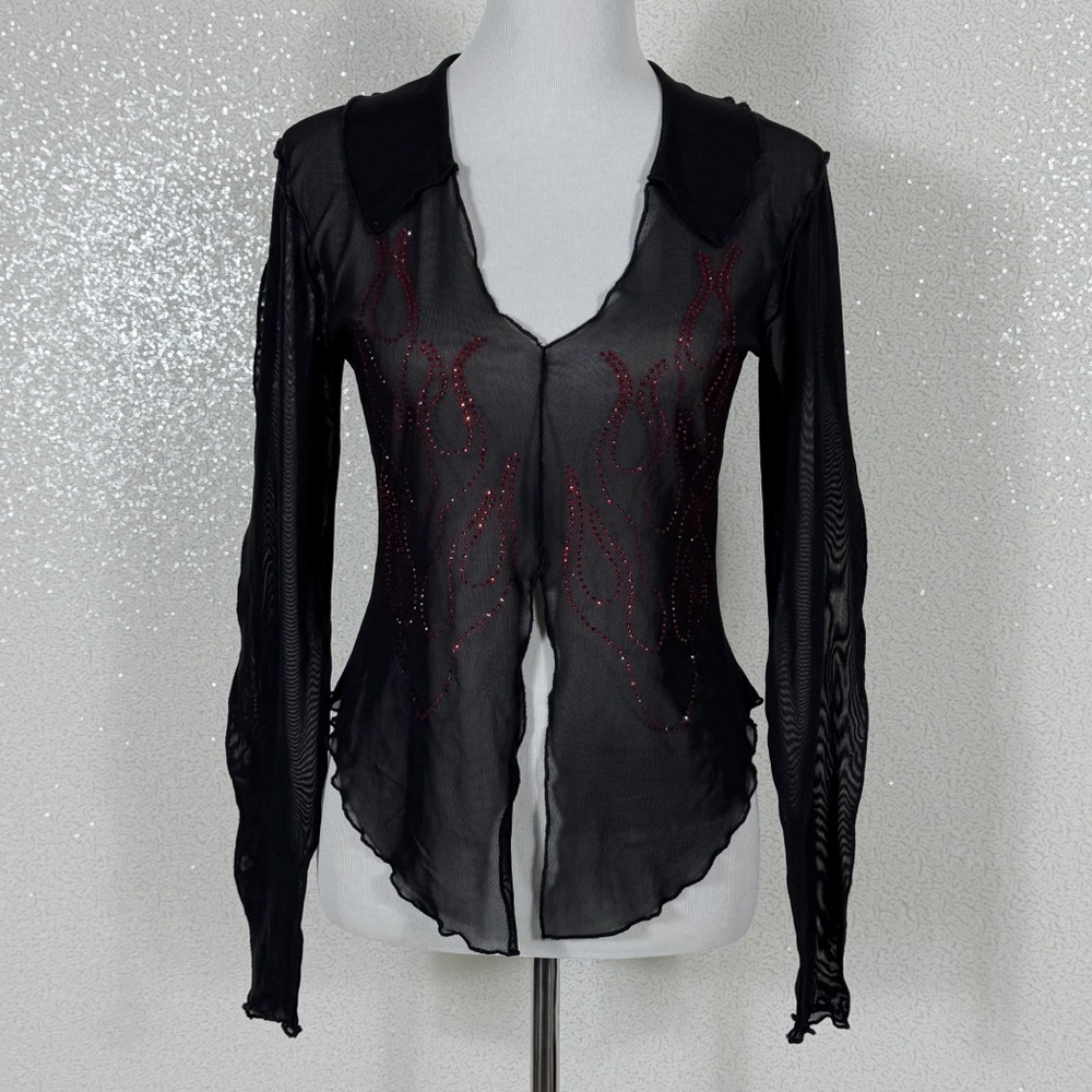 Urban Outfitters Sheer Mesh Rhinestone Flame Top L Y2K Goth Fairy Grunge - Picture 5 of 16